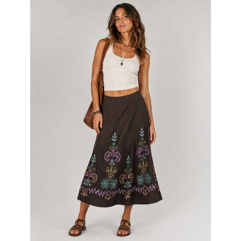 Vintage Y2K Sunny Leigh Brown Cotton Embroidered Floral Boho A-Line Skirt sz 12